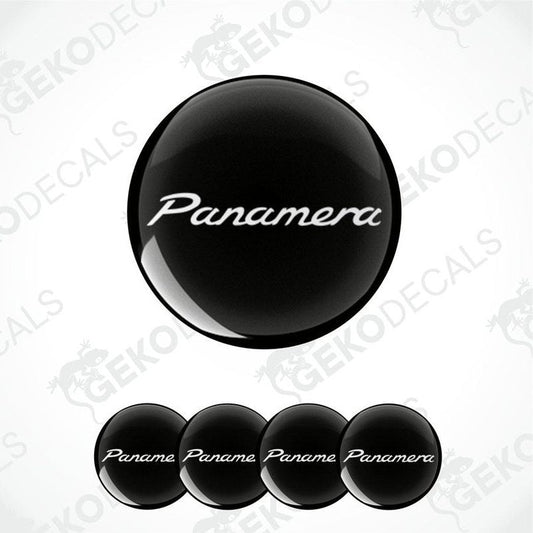 Set of four black vinyl decals with the text 'Panamera' on them, presented against a white background.