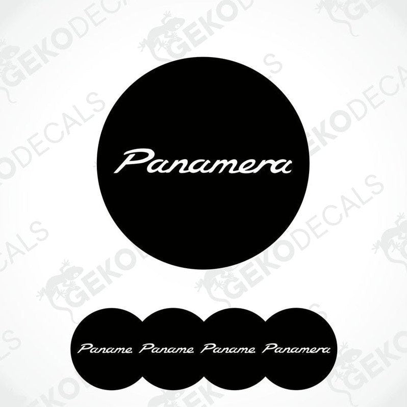 Set of four black vinyl decals with the text 'Panamera' on them, presented against a white background.