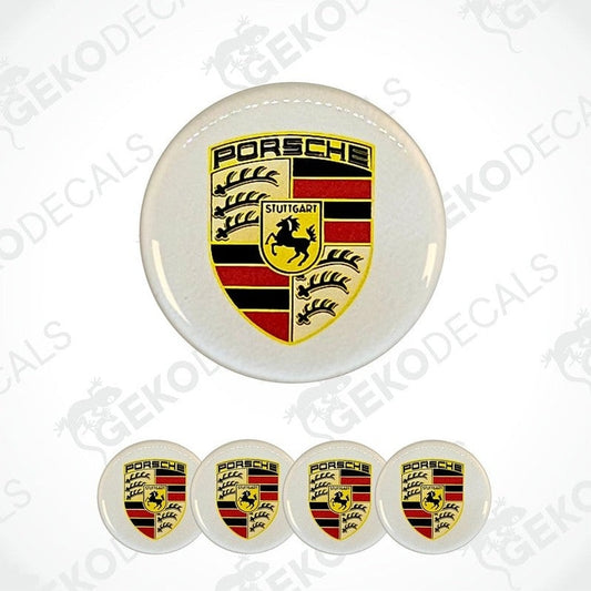 Set of four vinyl decals with a polyurethane coating, featuring the Porsche logo in pearl white color.