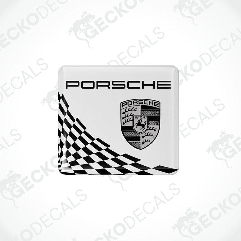 White,black and gold Porsche branded vinyl stickers with a checkered pattern.