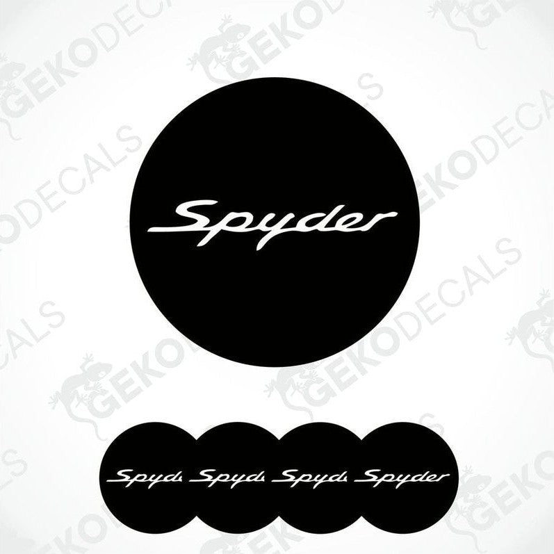 A set of four black vinyl stickers with the word 'Spyder' branded on them, designed for use as car decals.