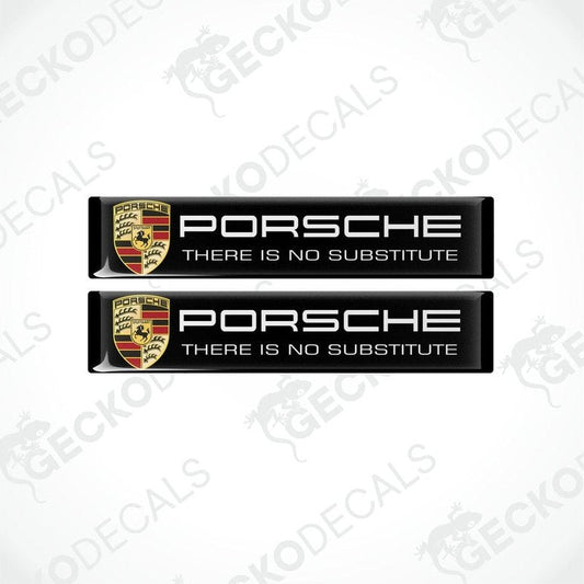 Two black vinyl decals with the Porsche logo and the text 'there is no substitute' on them.