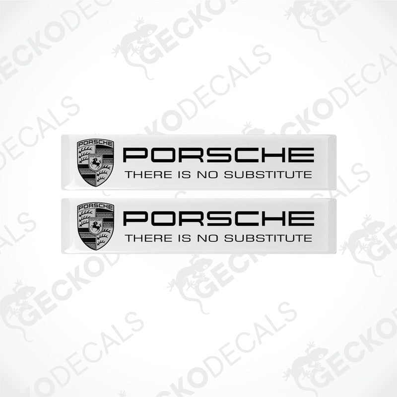Two withe vinyl stickers with the Porsche brand logo and the text 'Porsche There is no substitute'.