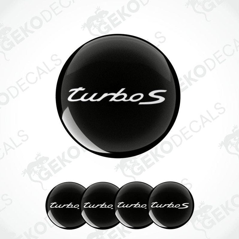 A set of four black vinyl stickers with the word 'Turbo S' printed on them, designed for use as car decals.