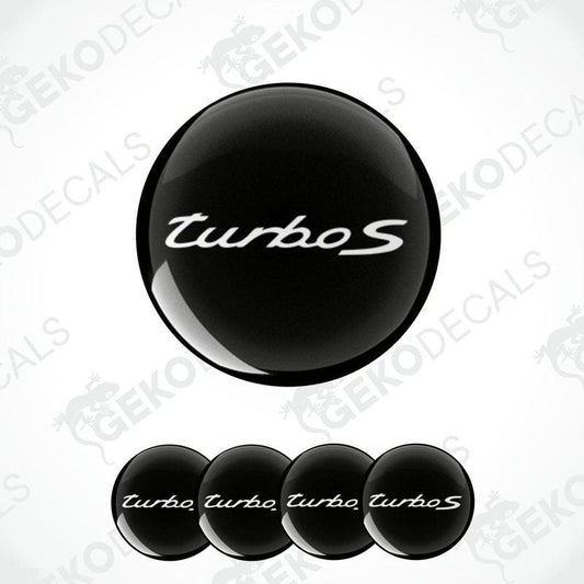 A set of four black vinyl stickers with the word 'Turbo S' printed on them, designed for use as car decals.