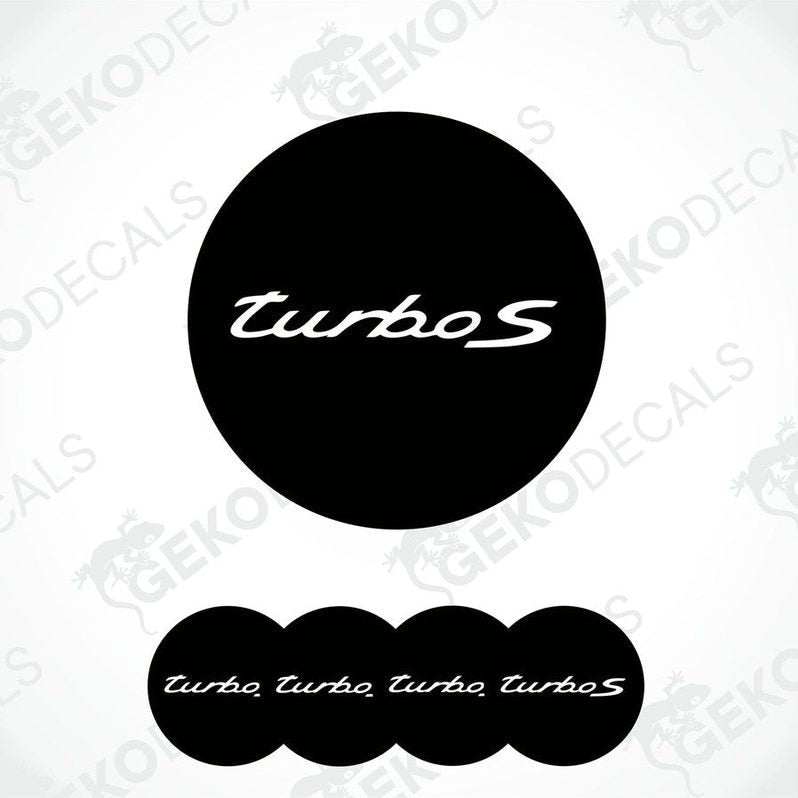 A set of four black vinyl stickers with the word 'Turbo S' printed on them, designed for use as car decals.