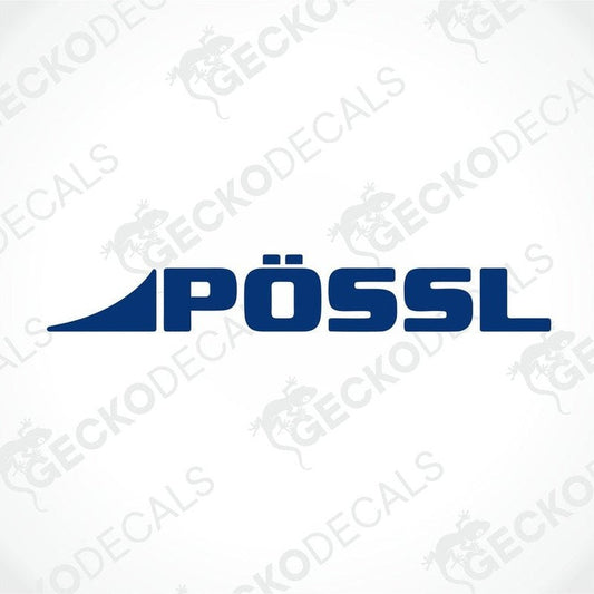 A die cut sticker with the brand name 'PöSSL' written in bold, blue letters against a transparent background, indicating it is a transfer paper decal.