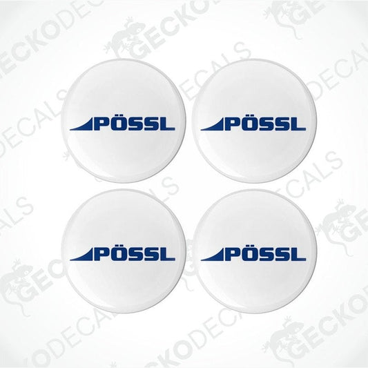 Four white round decals with the PÖSSL brand logo in blue.