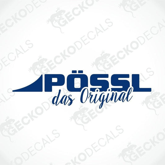 A blue and white vehicle decal with the text 'PÖSSL DAS ORIGINAL' and a logo.
