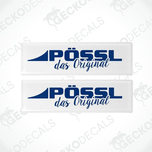 Two white epoxy decals with blue text, one with the text 'PÖSSL' and the other with the text 'DAS ORIGINAL', both with a blue arrow pointing towards the top.