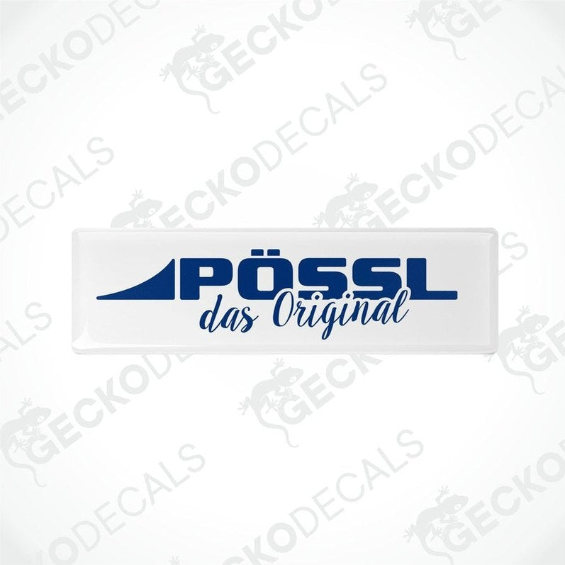 Two white epoxy decals with blue text, one with the text 'PÖSSL' and the other with the text 'DAS ORIGINAL', both with a blue arrow pointing towards the top.