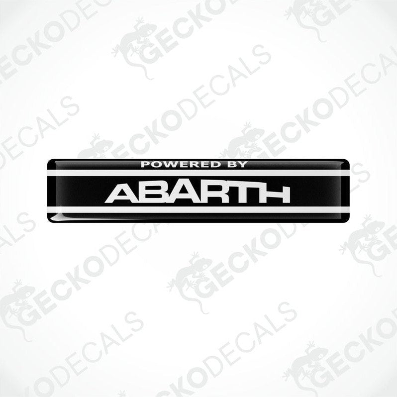  Black vinyl stickers with the text 'POWERED BY ABARTH' and a logo depicting a stylized 'A' in white on a black background, placed against a white background with 'GECKODECALS' and 'ABARTH' logos.

