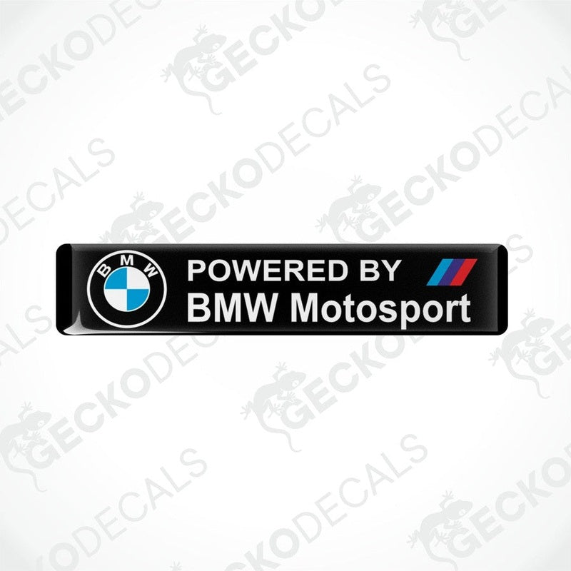 Rectangular black vinyl decals with the 'POWERED BY BMW Motosport' logo in white and red.