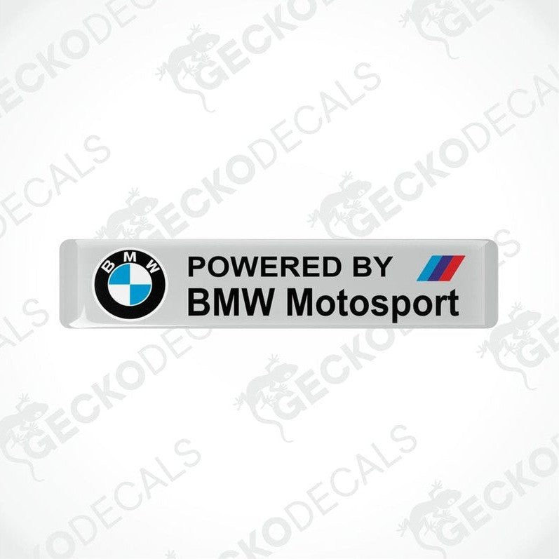  Stickers with the BMW logo on a white background and the black text POWERED BY BMW MOTORSPORT