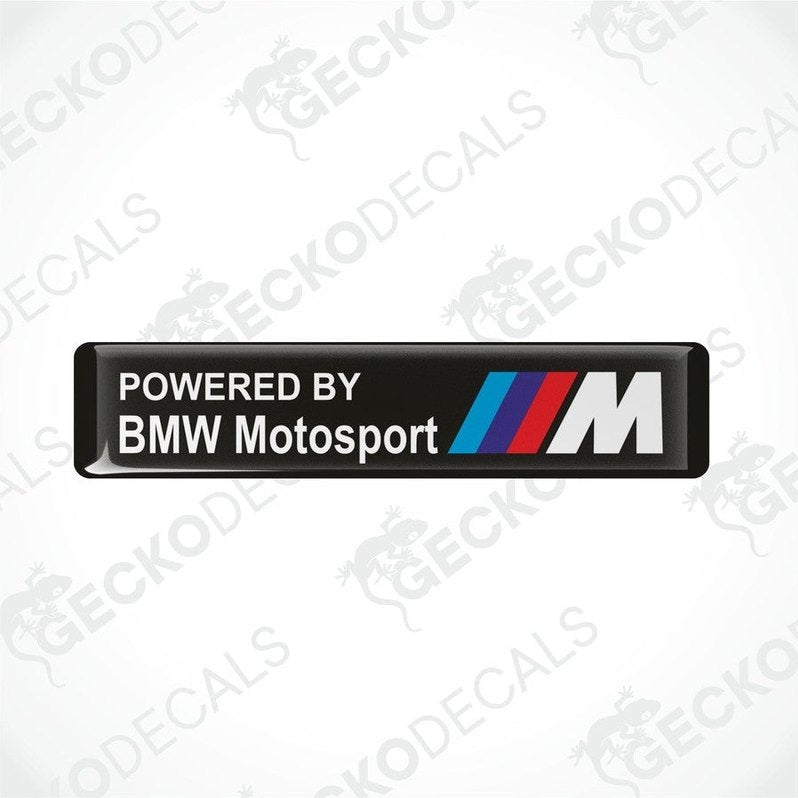  Black vinyl stickers with the text 'POWERED BY BMW MOTOSPORT M' and the BMW logo in white, red, and blue colors.