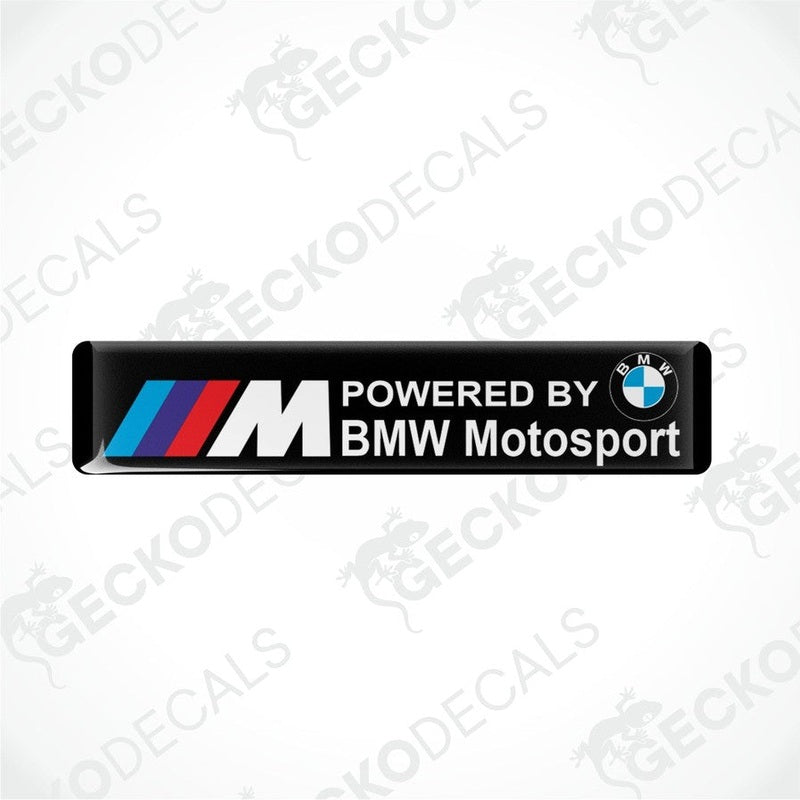  Black vinyl stickers with the text 'POWERED BY BMW MOTOSPORT' and the BMW logo in red, white, and purple.