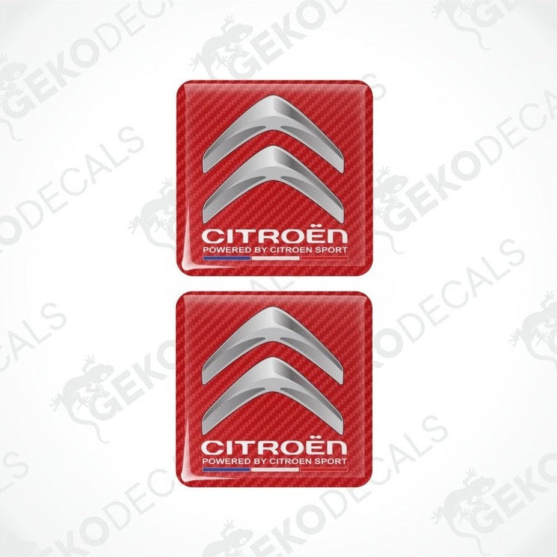 Two Citroén logo car stickers with red carbon fiber pattern on a white background.