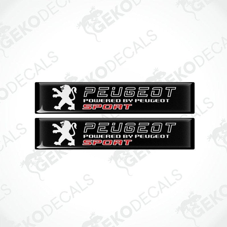 Two black vinyl stickers with the text 'PEUGEOT POWERED BY PEUGEOT SPORT' and a graphic of a lion.