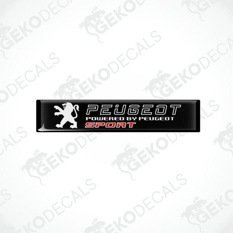 Black vinyl stickers with the text 'PEUGEOT POWERED BY PEUGEOT SPORT' and a graphic of a lion.