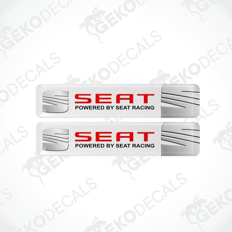 Two rectangular vinyl decals with a polyurethane coating, featuring the text 'SEAT POWERED BY SEAT RACING' in a withe, red, and white color scheme.