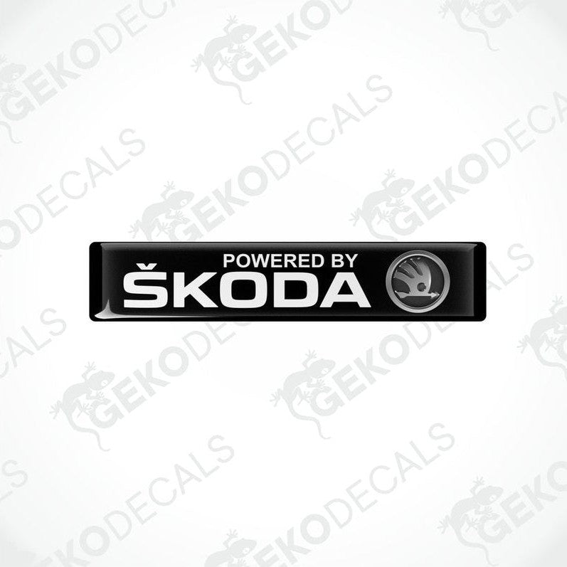  Black decals with white text and the Skoda logo, labeled 'POWERED BY SKODA'.