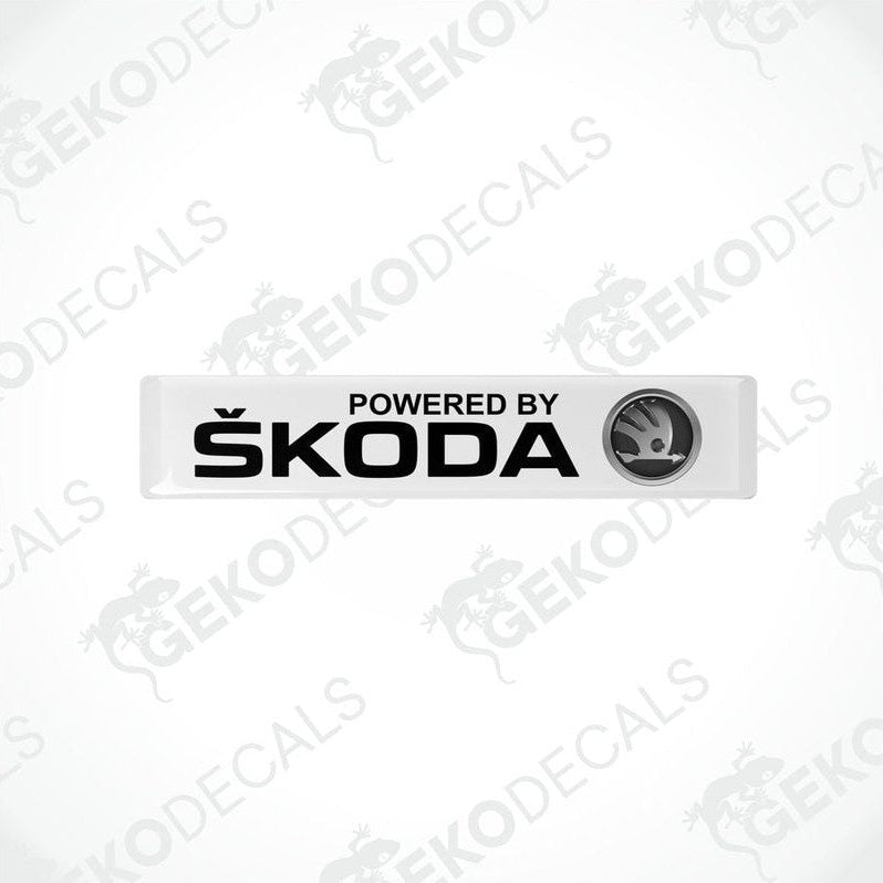 Withe decals with black text and the Skoda logo, labeled 'POWERED BY SKODA'.