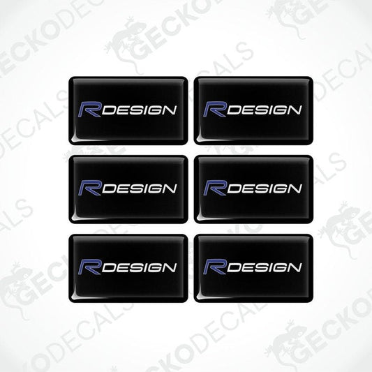 A set of six black vinyl stickers with the word 'R DESIGN' written in blue.