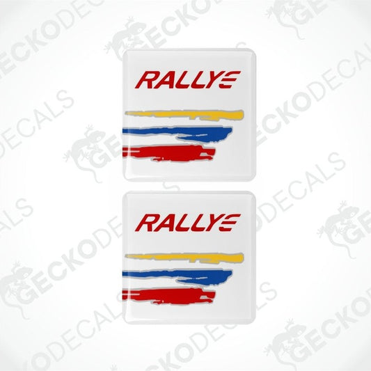Two 'RALLYE' decal stickers with red, yellow, and blue design on a white background.