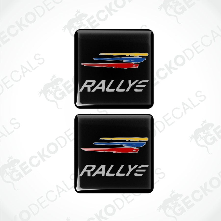 Two black 'RALLYE' decal stickers with a red and blue stripe on a white background.