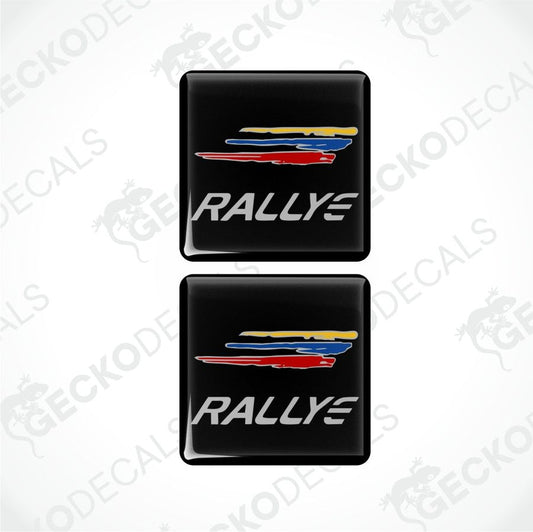 Two black 'RALLYE' decal stickers with a red and blue stripe on a white background.