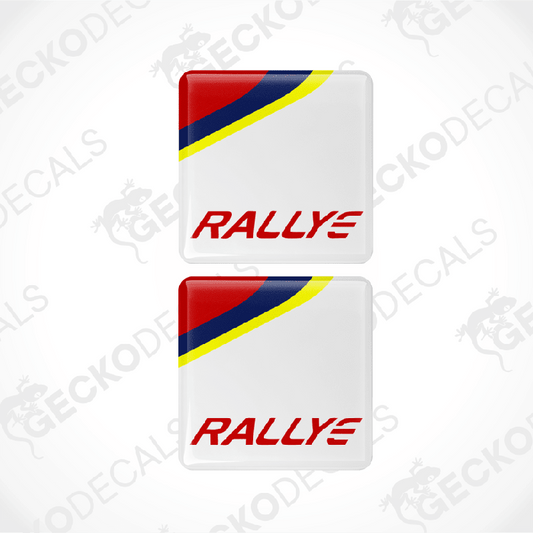 Two 'RALLY' decal stickers with a red, white, and blue design on a white background.