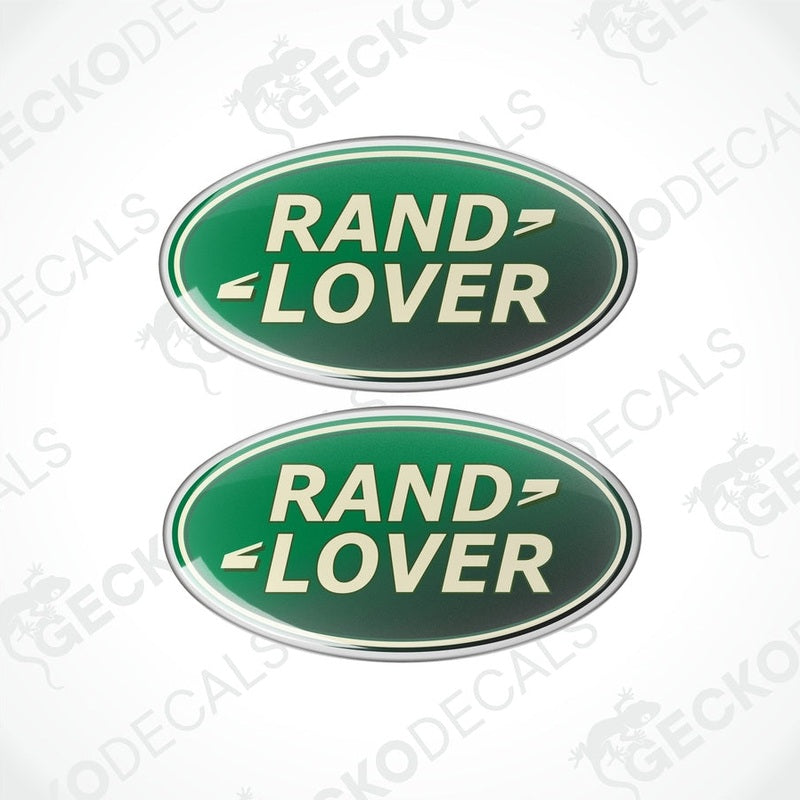 Two green oval-shaped vinyl decals with the text 'RAND LOVER' in white and silver.
