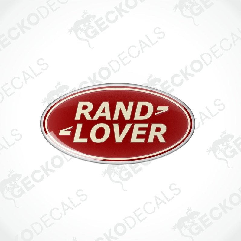 Red oval-shaped vinyl decals with the text 'RAND LOVER' in white and silver.

