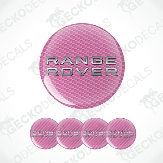 Pink carbon fiber patterned 'Range Rover' logo with additional logos below on a white background.