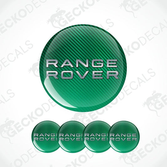 Green 'Range Rover' logo with carbon fiber texture on a white background