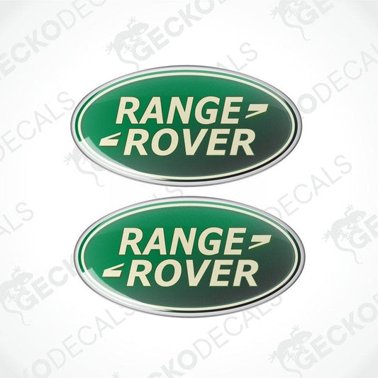 Two green and silver oval-shaped vinyl decals with 'RANGE ROVER' text in white.