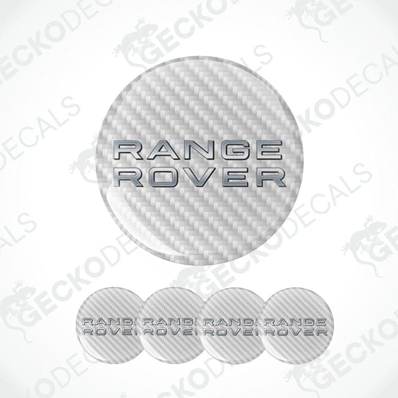 Carbon fiber patterned 'Range Rover' logo decal on a white background