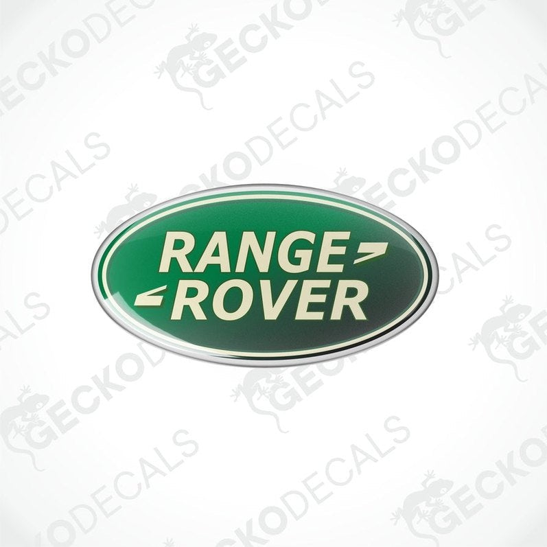 Green and silver oval-shaped vinyl decals with 'RANGE ROVER' text in white.