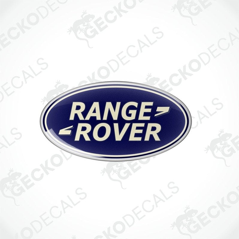 Blue and silver oval-shaped vinyl decals with 'RANGE ROVER' text in white.