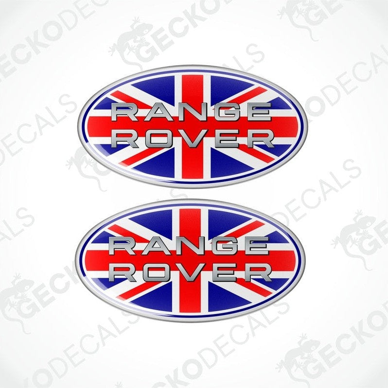 Two vinyl decals with a polyurethane coating featuring the text 'RANGE ROVER' and the Union Jack flag design.