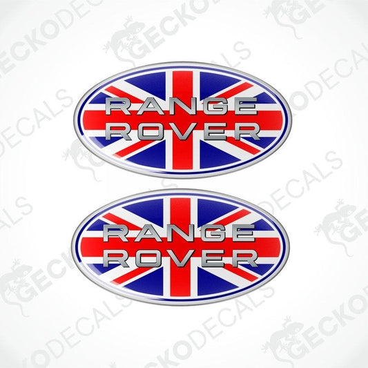 Two vinyl decals with a polyurethane coating featuring the text 'RANGE ROVER' and the Union Jack flag design.