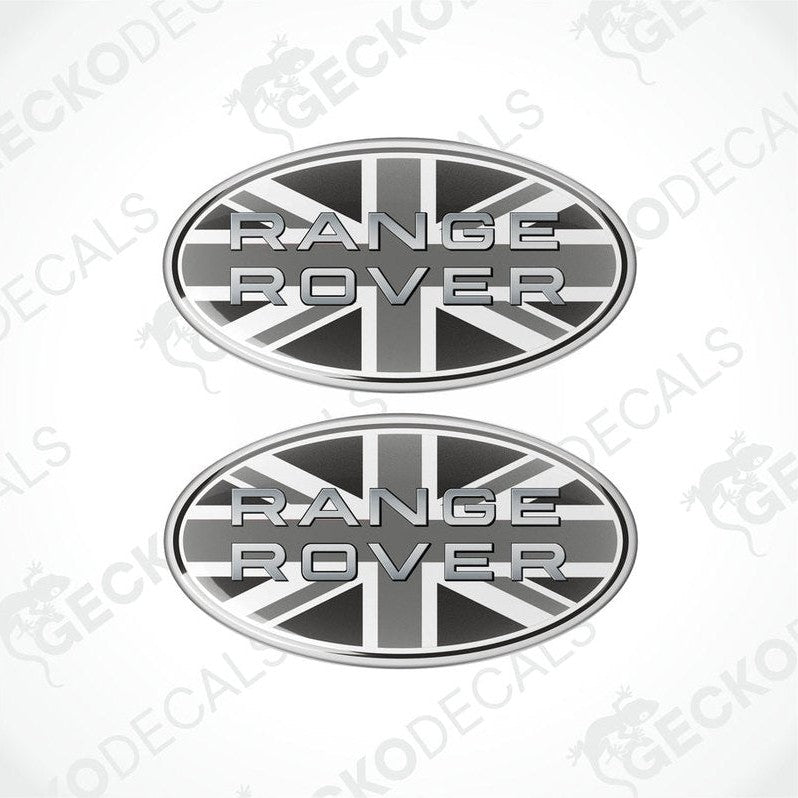 Two vinyl stickers with a Range Rover logo featuring a British flag design in a silver color.