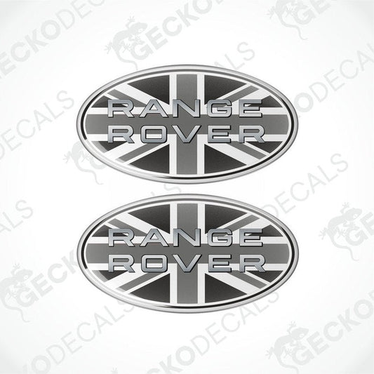 Two vinyl stickers with a Range Rover logo featuring a British flag design in a silver color.