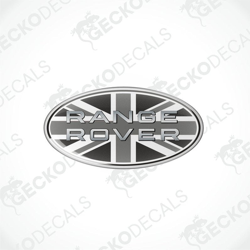 Vinyl stickers with a Range Rover logo featuring a British flag design in a silver color.
