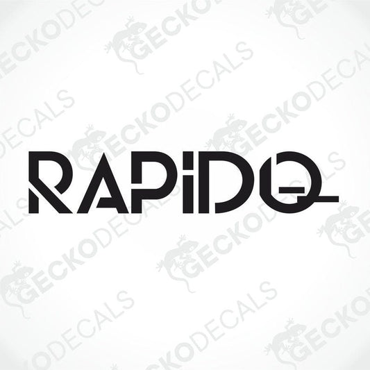 A black and white die cut decal with the word 'RAPIDO' displayed.