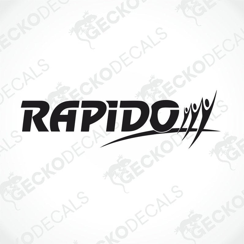 A black and white die cut decal with the word 'RAPIDO' displayed.