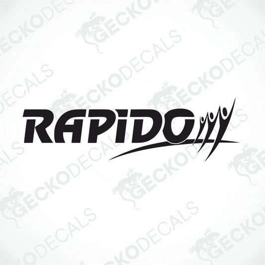 A black and white die cut decal with the word 'RAPIDO' displayed.