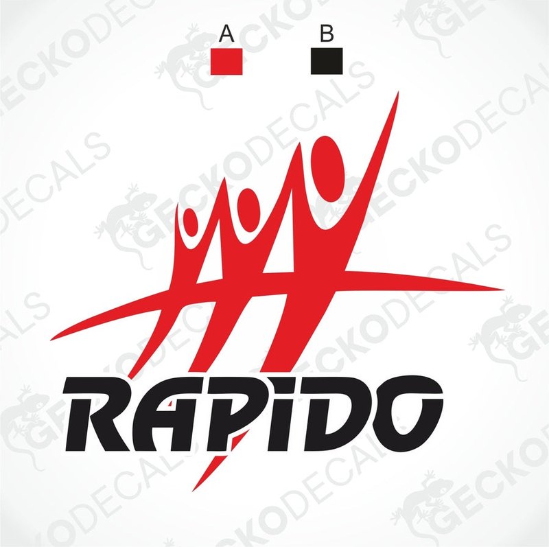A black, red, and white die cut decal with the word 'RAPIDO' displayed.