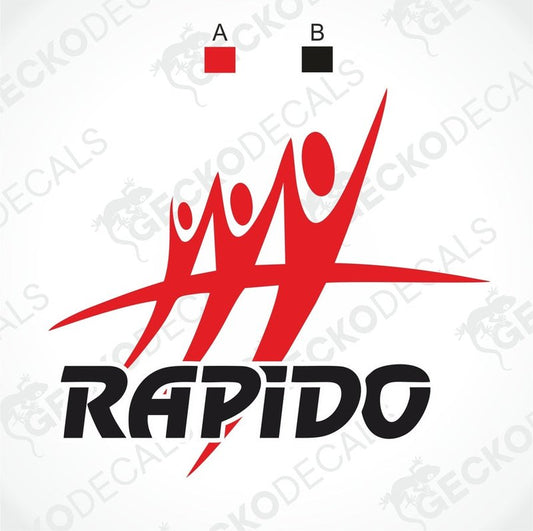 A black, red, and white die cut decal with the word 'RAPIDO' displayed.
