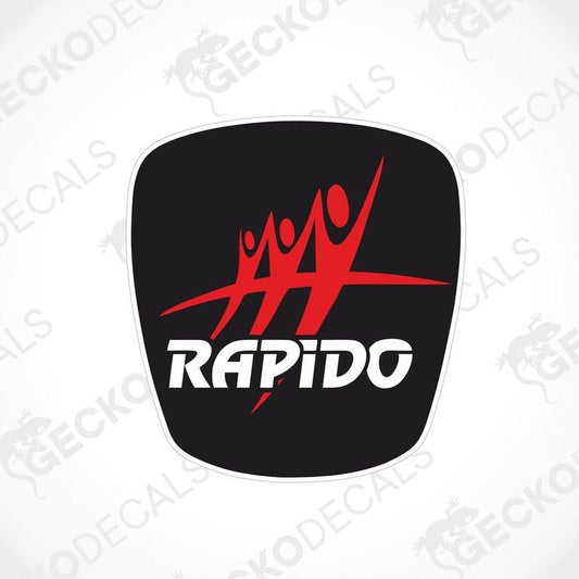 RAPIDO caravan decal with red stylized figures and white text on black background